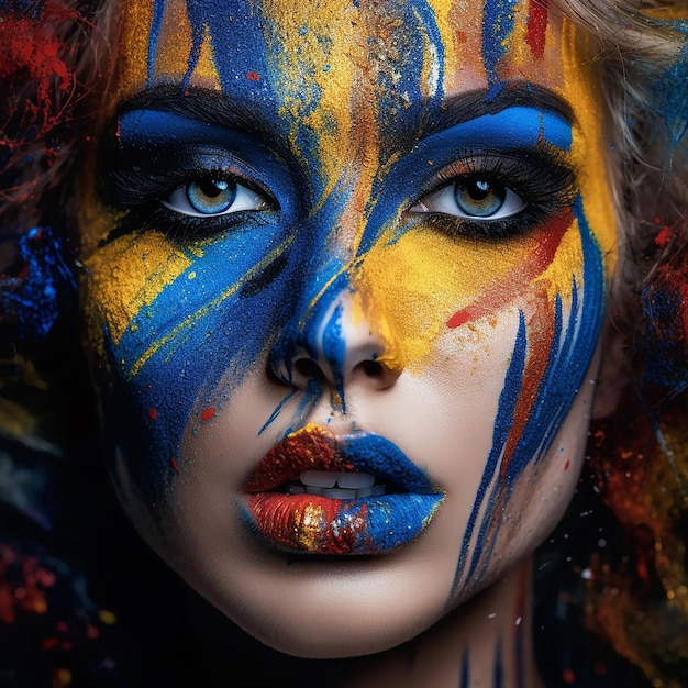 kobieta z pomalowaną twarzą i twarzą pomalowaną kolorami jej twarzy.