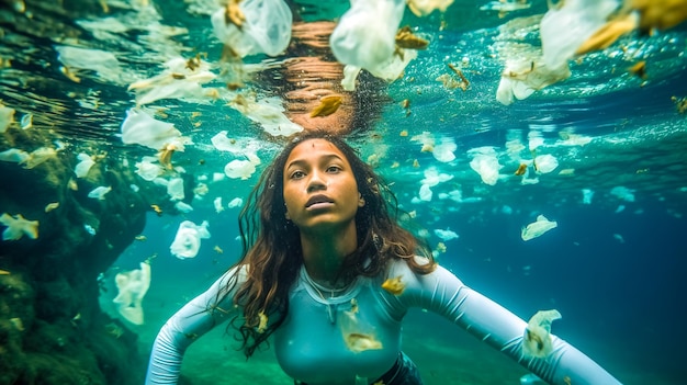 Kobieta z problemem ekologicznym nurkuje w wodzie oceanicznej, odpadach z tworzyw sztucznych, globalnym zanieczyszczeniu, planecie Generative AI