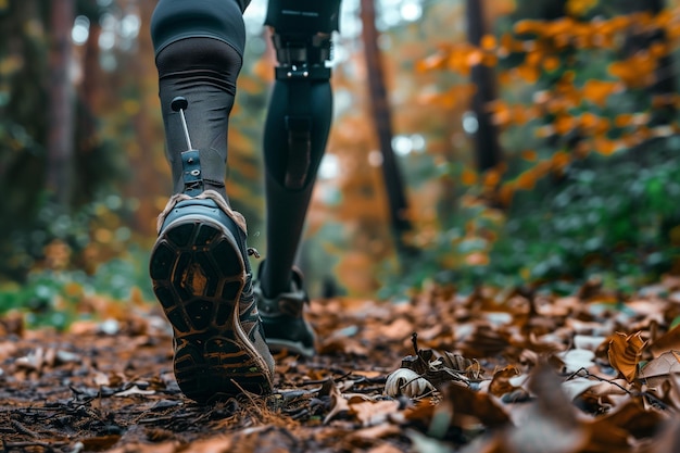 Kobieta z protetyczną nogą biegnie przez las.