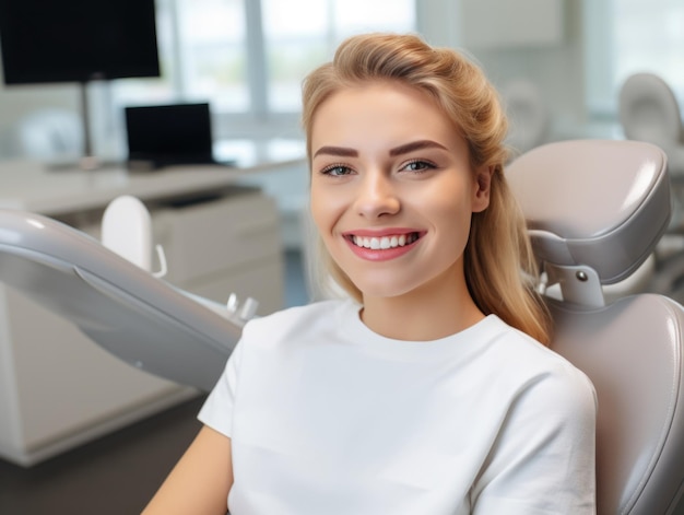 Kobieta z protezami dentystycznymi, z czerwonymi włosami, siedząca na krześle dentystycznym z aparaturą dentystyczną na zębach