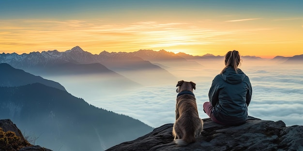 Kobieta z psem w górach, patrząc na piękny wschód słońca. Generacyjna sztuczna inteligencja