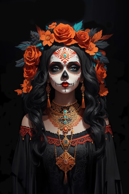 Kobieta z ramką do makijażu cukrowej czaszki, kwiatami i motylami Dzień zmarłych Dia de los muertos