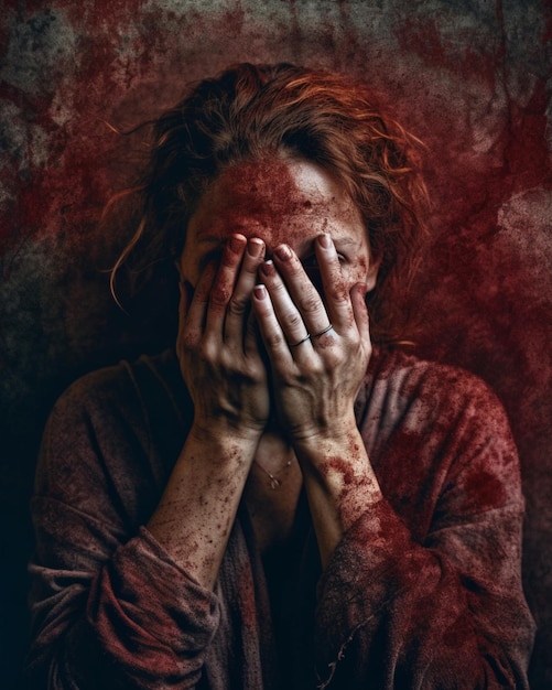Kobieta z rękami zakrywającymi twarz jest pokryta krwią.