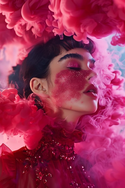 kobieta z różowym makijażem i różowym kwiatem na tle