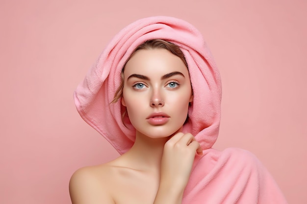 Kobieta z różowym ręcznikiem na głowie i różowym ręcznikiem na głowie