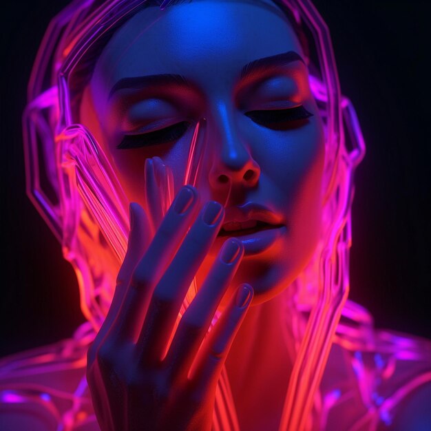 Zdjęcie kobieta z różowym światłem na twarzy pokryta jest czerwonymi i niebieskimi światłami.