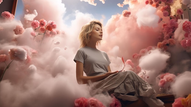 Zdjęcie kobieta z różowymi chmurami