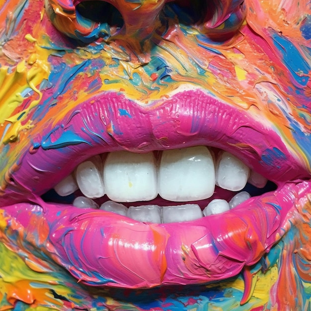 Zdjęcie kobieta z różowymi ustami i wielokolorową twarzą w różnych kolorach.