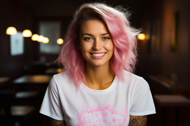 Kobieta z różowymi włosami i białą koszulą uśmiecha się do kamery Generatywna sztuczna inteligencja