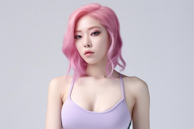 Kobieta z różowymi włosami i fioletowym podkoszulkiem