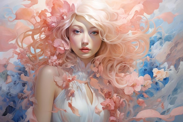 Kobieta z różowymi włosami i kwiatami na głowie