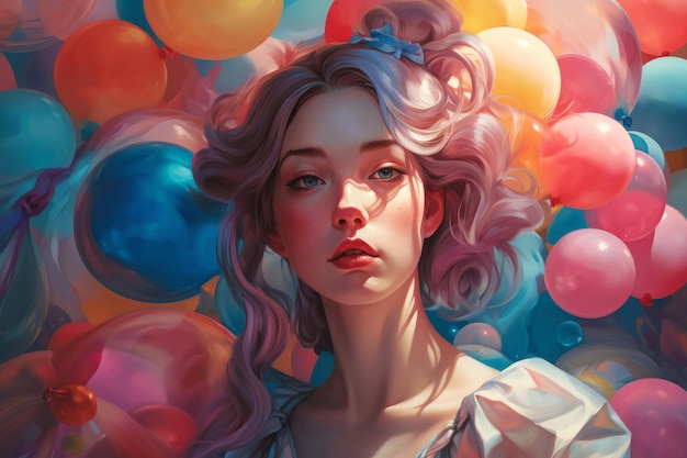 Kobieta z różowymi włosami i niebieską kokardą na głowie jest otoczona balonami.