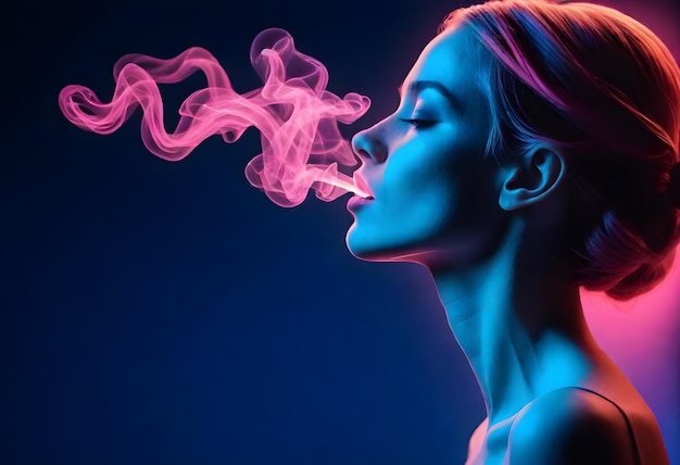 Kobieta z różowymi włosami i niebiesko-różowym dymem.