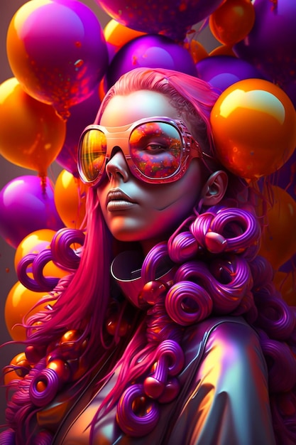 Kobieta z różowymi włosami i okularami jest otoczona balonami