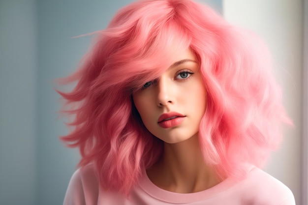 Zdjęcie kobieta z różowymi włosami i różową koszulką