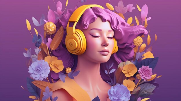 Kobieta z różowymi włosami i słuchawkami przed kwiatami
