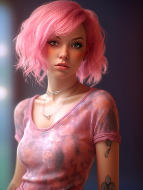 Kobieta z różowymi włosami i tatuażem na ramieniu.