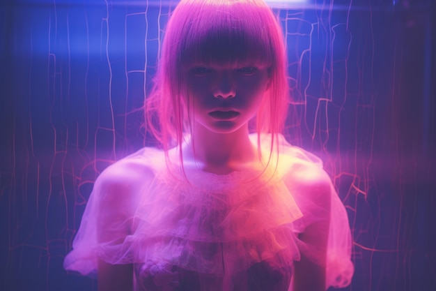 kobieta z różowymi włosami stojąca przed neonami