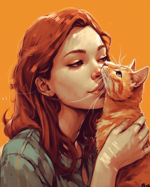 Kobieta z rudymi włosami całuje kota.