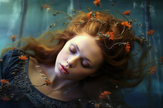 Kobieta z rudymi włosami i kwiatami na głowie leży w kałuży wody.