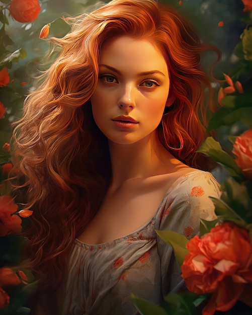 Kobieta z rudymi włosami i kwiatowym tłem