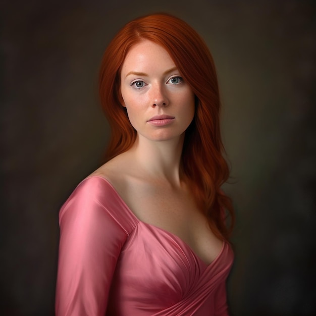 Kobieta z rudymi włosami i różową sukienką patrzy w kamerę.