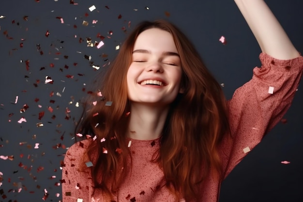 Kobieta z rudymi włosami i różowym swetrem uśmiecha się przed srebrnym konfetti
