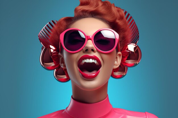 kobieta z rudymi włosami i różowymi okularami przeciwsłonecznymi