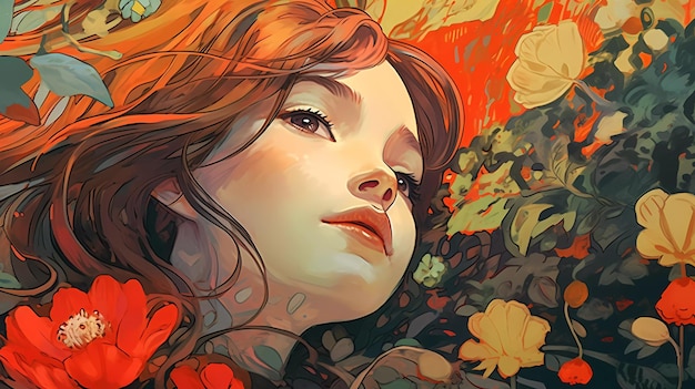 Kobieta z rudymi włosami i rudymi włosami leży na kwiatowym tle.