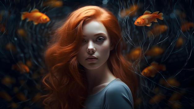 Kobieta z rudymi włosami i rybą w tle