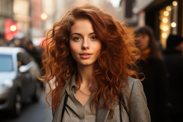 kobieta z rudymi włosami idąca ulicą