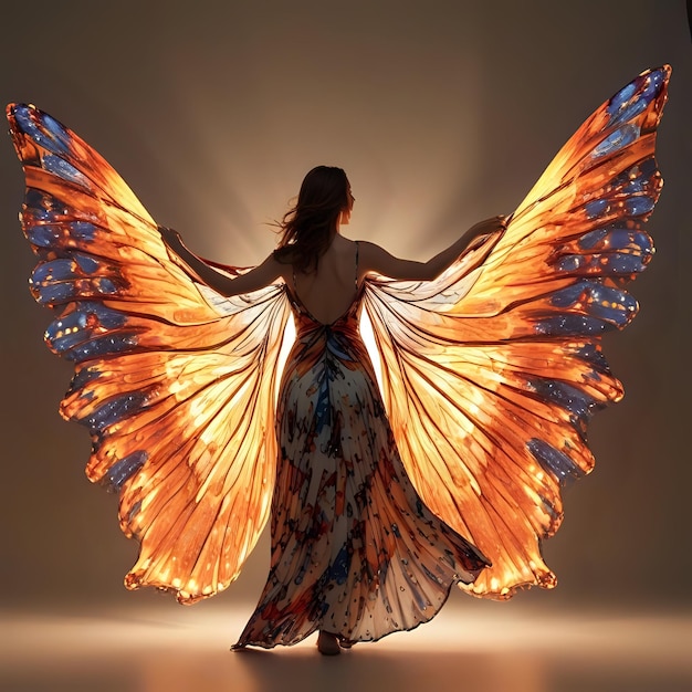 Kobieta z skrzydłami motyla, która mówi anioł na plecach