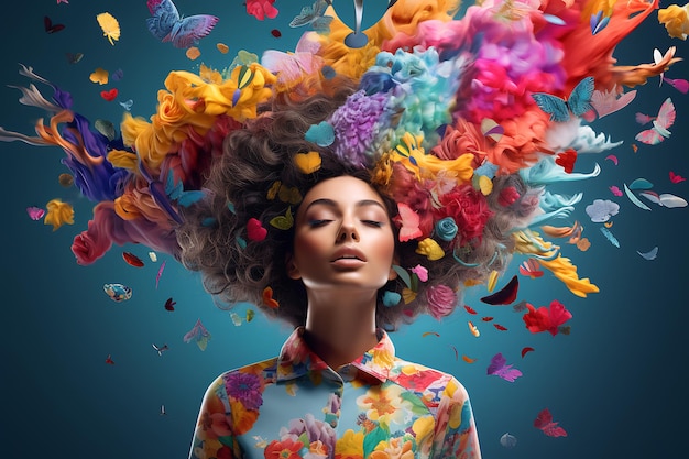 kobieta z suszarką do włosów na głowie otoczona kolorowymi kwiatami zapewnia zdrowie psychiczne i dobre samopoczucie