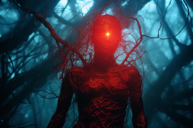 Kobieta z świecącymi czerwonymi oczami stojąca w ciemnym lesie