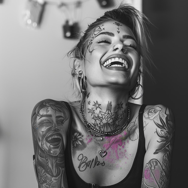 Zdjęcie kobieta z tatuażami na ramionach i słowem 