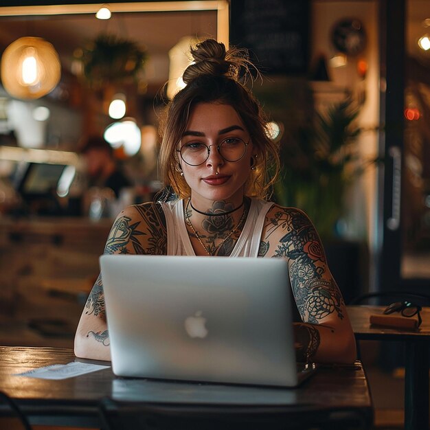 kobieta z tatuażami na rękach siedzi przy stole z laptopem na nim