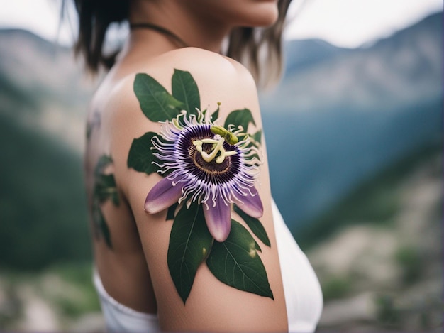 Zdjęcie kobieta z tatuażem kwiatu na ramieniu.