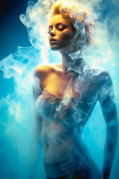 Kobieta z tatuażem na plecach stoi w chmurze dymu.