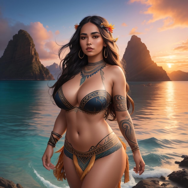 Kobieta z tatuażem na prawym ramieniu stoi na plaży.