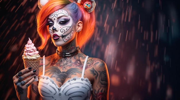 Kobieta z tatuażem na twarzy ma na sobie kostium na Halloween.