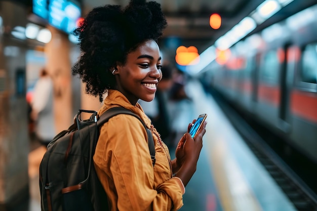 Kobieta z telefonem czekająca na metro na stacji