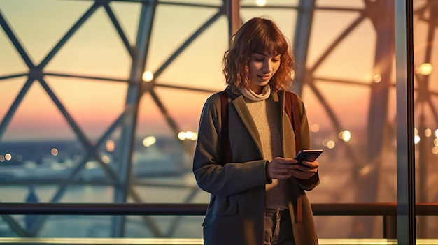 Kobieta z terminalu lotniska czeka na lot Używa smartfona do przeglądania Internetu w mediach społecznościowych online Sho