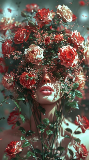 Zdjęcie kobieta z twarzą pokrytą kwiatami i maską z kwiatów