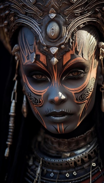 Kobieta z twarzą pomalowaną farbą twarzy i srebrnym i czarnym tłem.