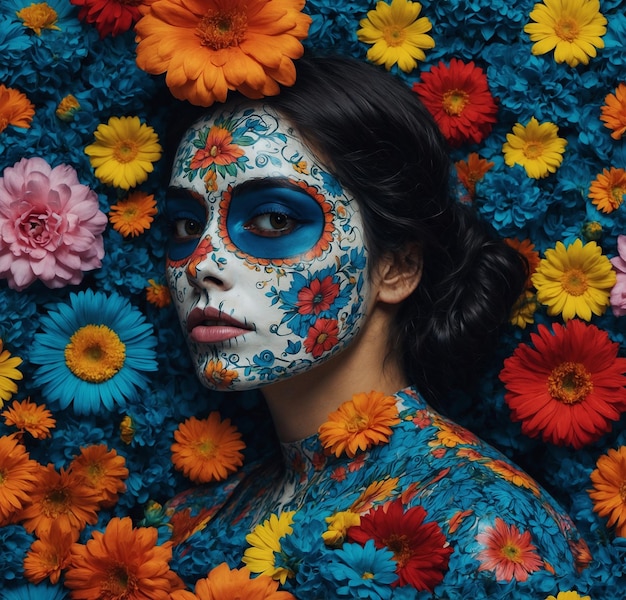 Kobieta z twarzą pomalowaną kwiatami i słowem niebieski na niej