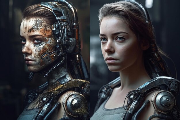 Kobieta z twarzą robota i lewą stroną twarzy ma metaliczną twarz z wymalowanym słowem robot.