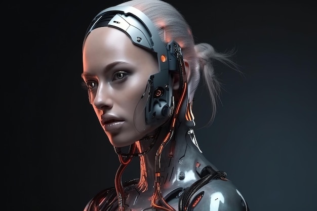 Kobieta z twarzą robota i napisem robot po lewej stronie