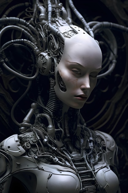 Kobieta z twarzą robota i napisem robot.
