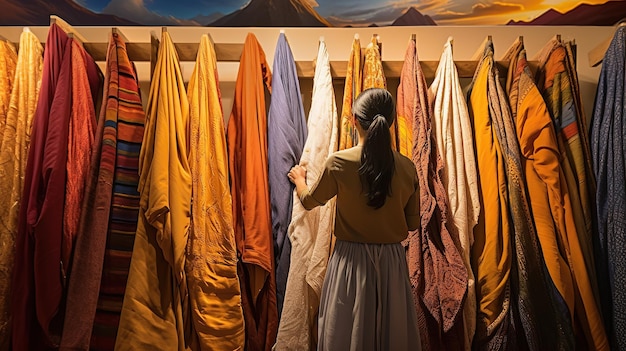 Kobieta z tyłu wybiera materiał sukni Generative AI