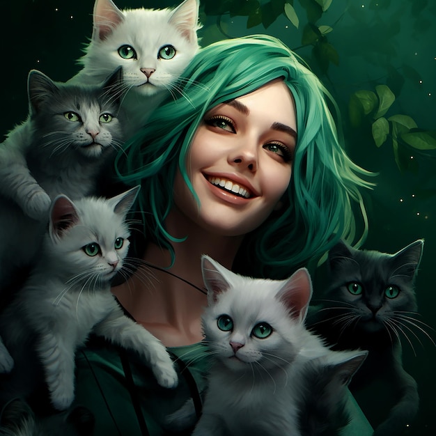 kobieta z uśmiechem, gdy podchodzi do niej wiele kotów